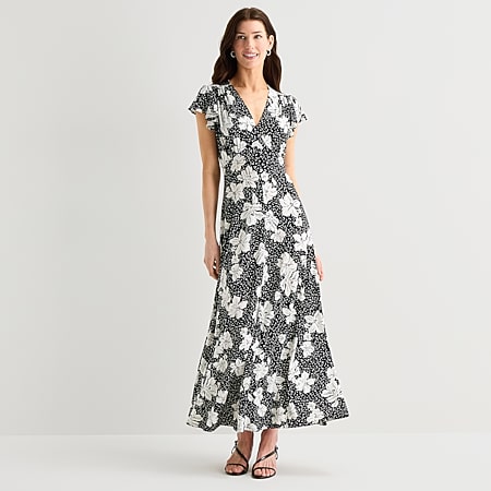 msk black and white dress MSK Women's Short Sleeve Printed Linen A-Line Dress