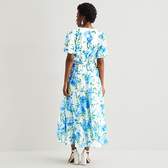 MSK Womens V Neck Short Sleeve Puffed Maxi Dress
