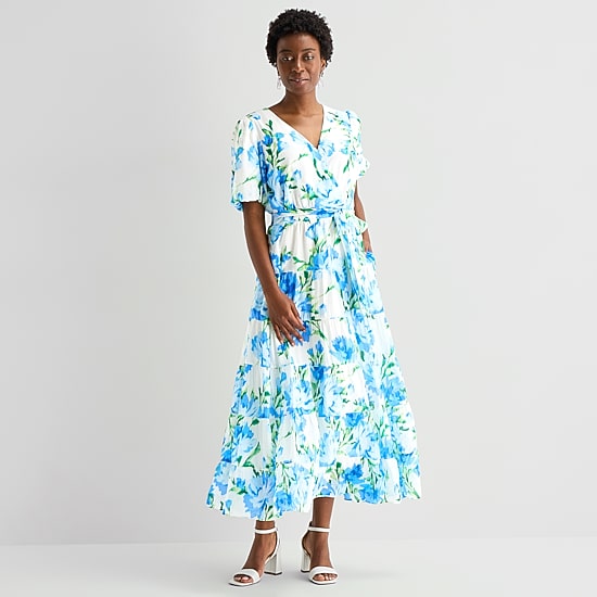 MSK Womens V Neck Short Sleeve Puffed Maxi Dress