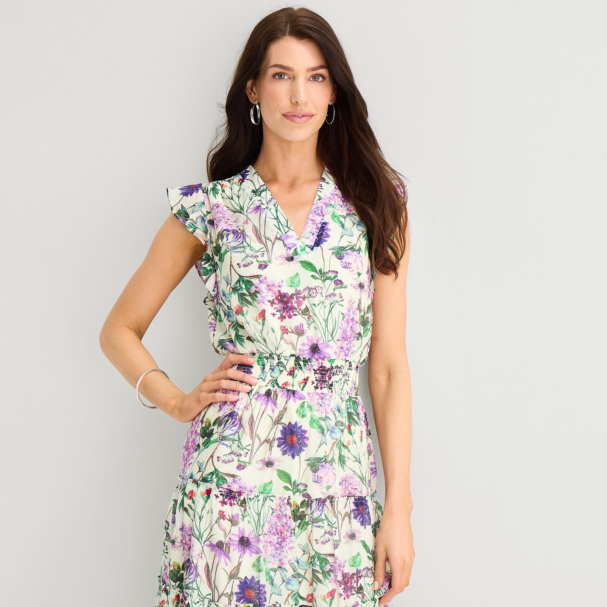 MSK Womens V Neck Sleeveless Flutter Maxi Dress