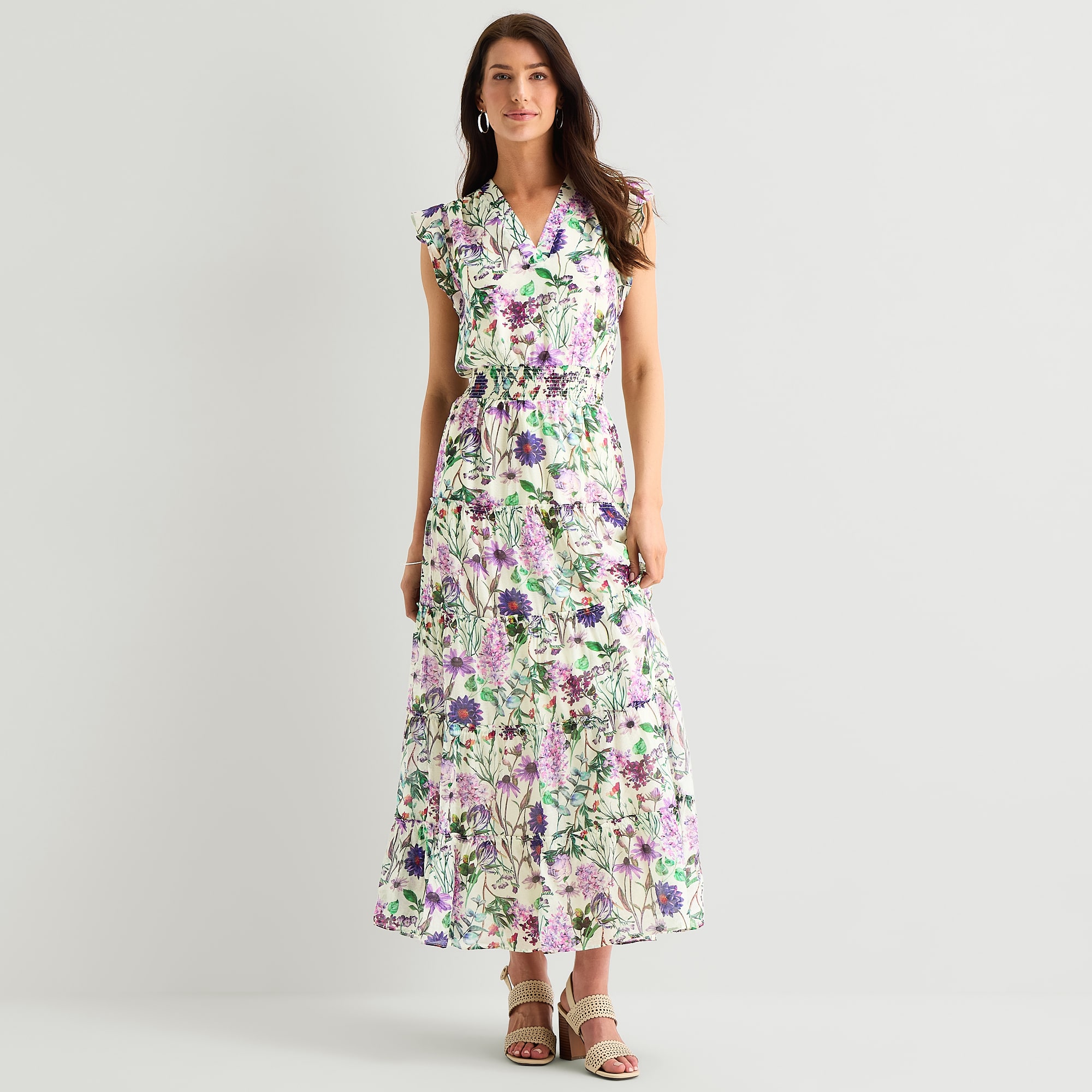 MSK Womens V Neck Sleeveless Flutter Maxi Dress