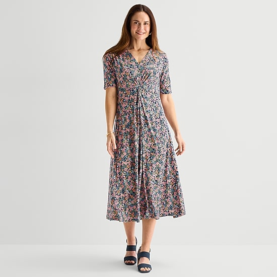 MSK Womens Midi V Neck Short Sleeve Maxi Dress