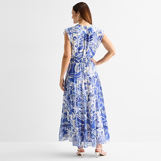MSK Womens V Neck Sleeveless Flutter Maxi Dress