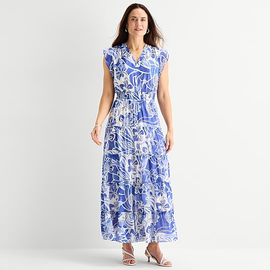 MSK Womens V Neck Sleeveless Flutter Maxi Dress