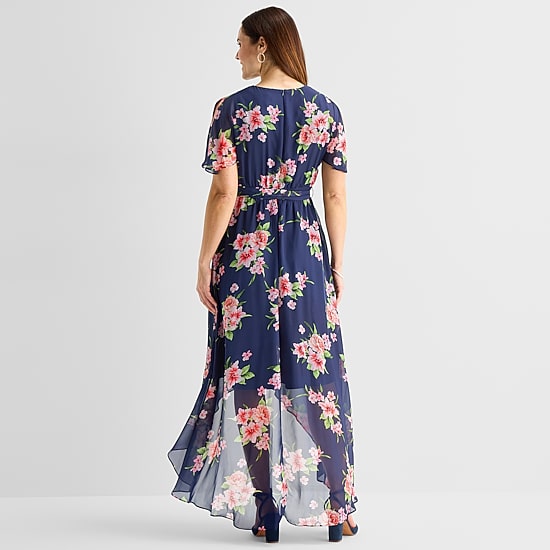 Jessica Howard Womens High-Low V Neck Short Sleeve Flutter Chiffon Maxi Dress