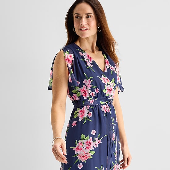 Jessica Howard Womens High-Low V Neck Short Sleeve Flutter Chiffon Maxi Dress