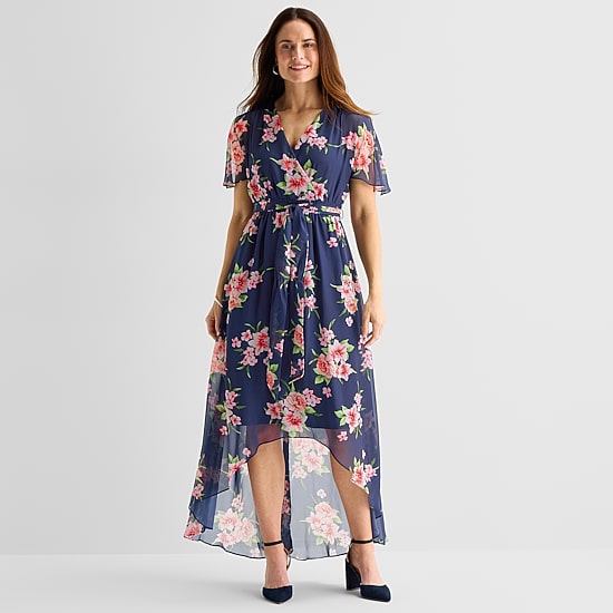 Jessica Howard Womens High-Low V Neck Short Sleeve Flutter Chiffon Maxi Dress