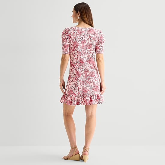 MSK Womens Round Neck Short Sleeve Puffed Paisley Fit + Flare Dress