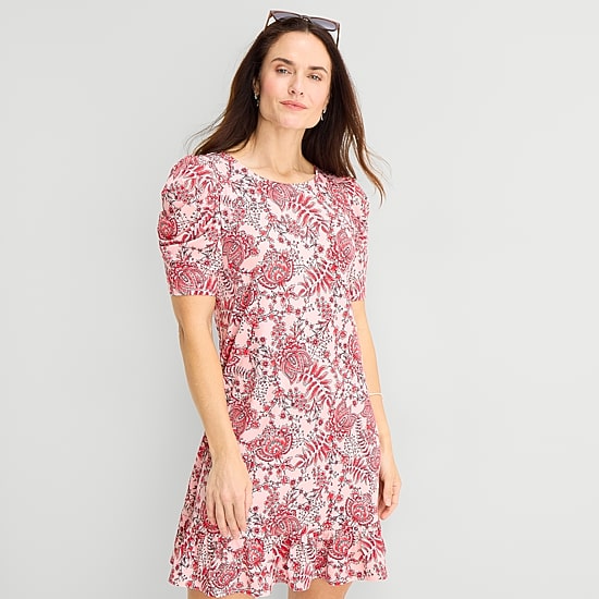 MSK Womens Round Neck Short Sleeve Puffed Paisley Fit + Flare Dress