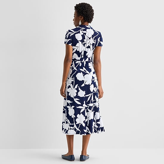 MSK Womens Midi V Neck Short Sleeve Cap Floral Fit + Flare Dress