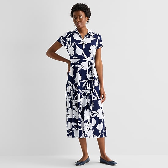 MSK Womens Midi V Neck Short Sleeve Cap Floral Fit + Flare Dress