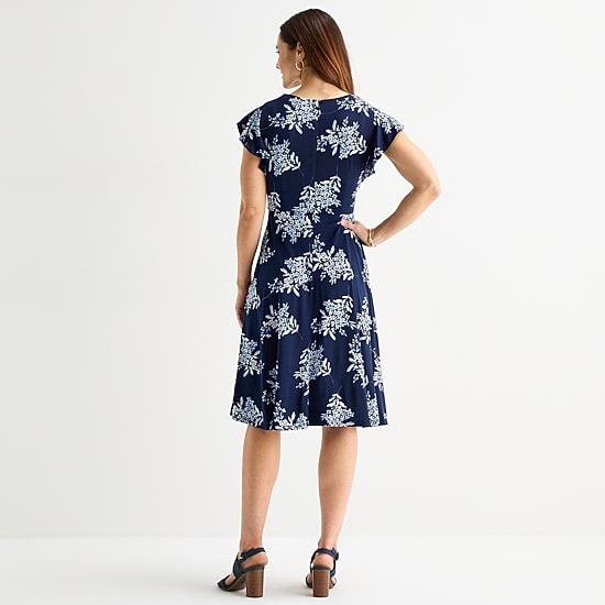 Jessica Howard Womens V Neck Short Sleeve Floral Fit + Flare Dress