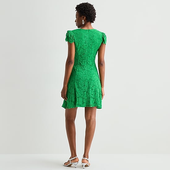 Jessica Howard Womens V Neck Short Sleeve Cap Fit + Flare Dress