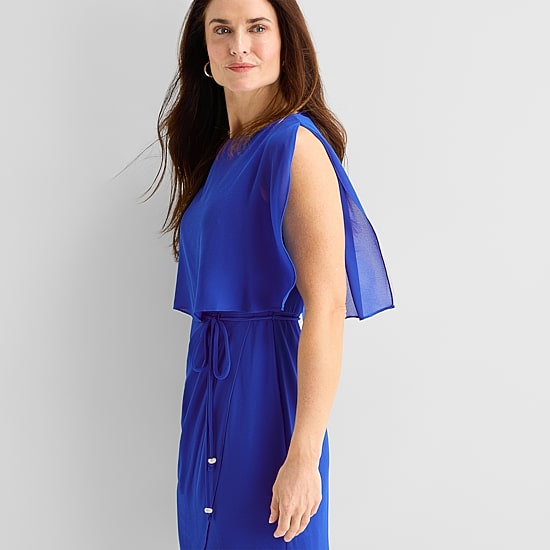 Jessica Howard Womens Boat Neck Sleeveless Overlay Belted Shift Dress