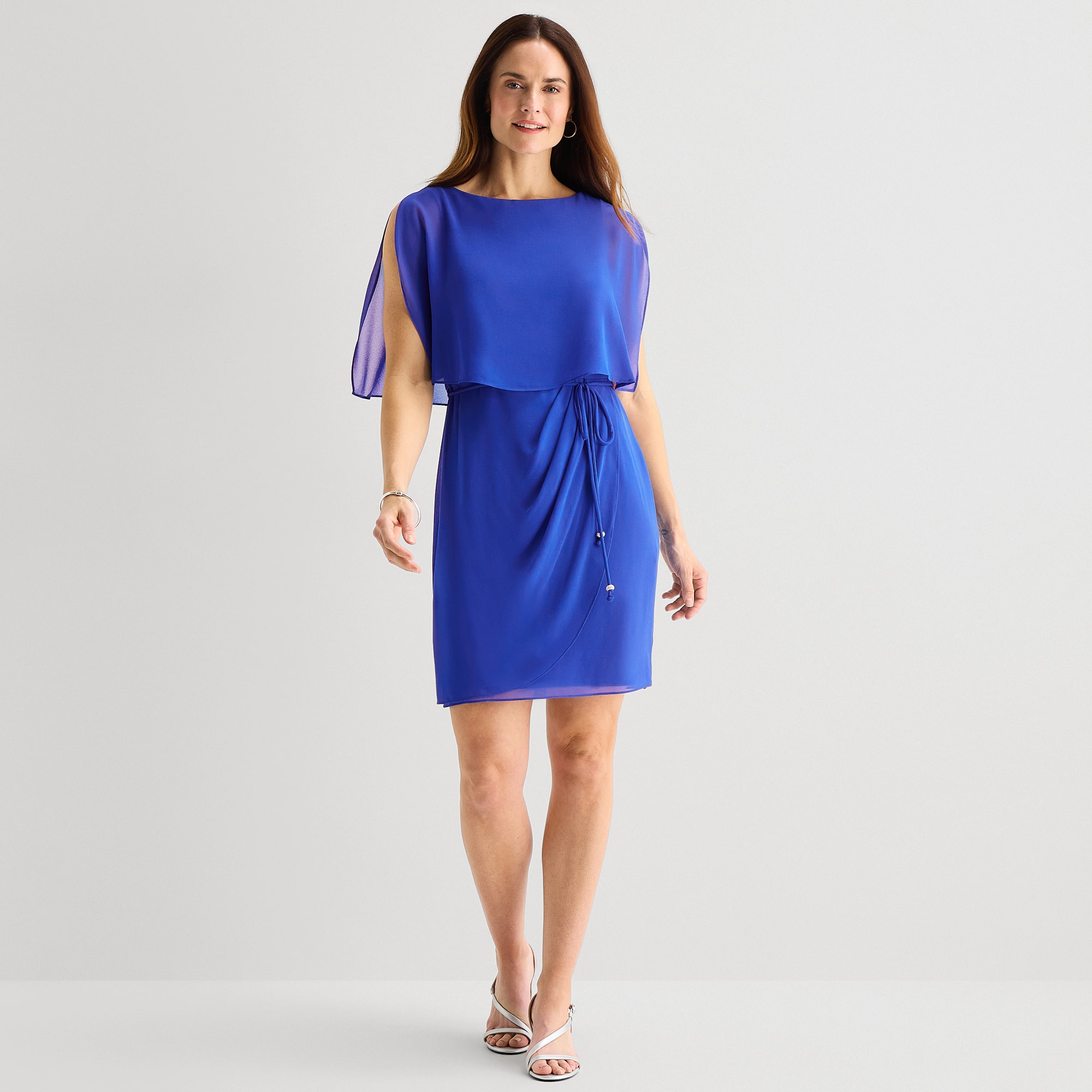 Jessica Howard Womens Boat Neck Sleeveless Overlay Belted Shift Dress