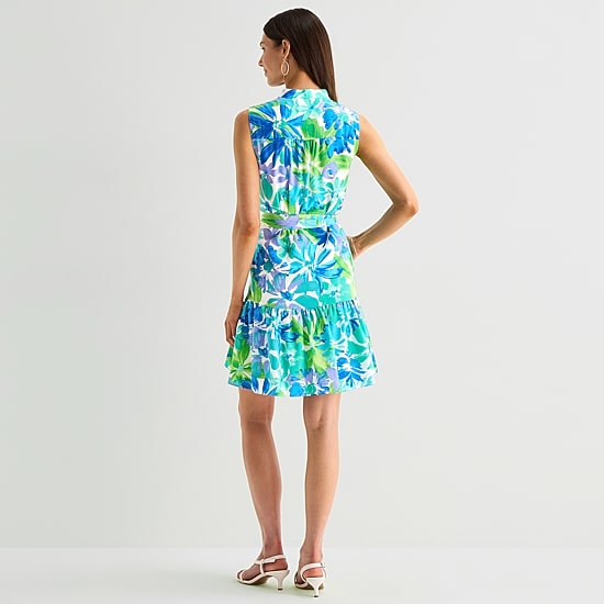 Jessica Howard Womens V Neck Sleeveless Floral Fit + Flare Dress