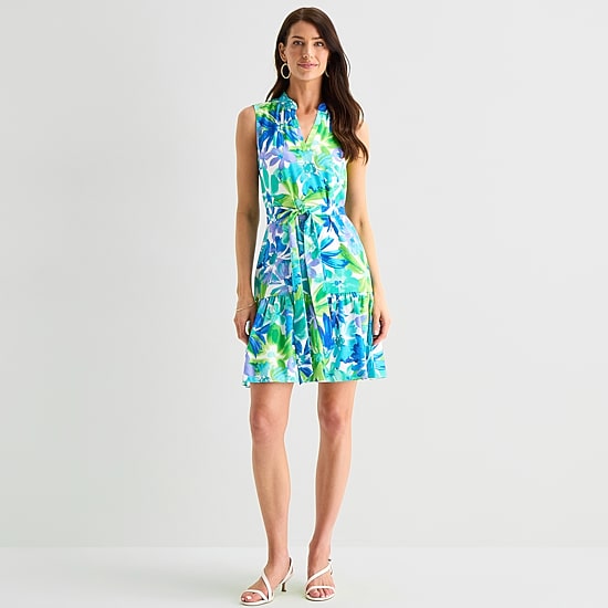 Jessica Howard Womens V Neck Sleeveless Floral Fit + Flare Dress