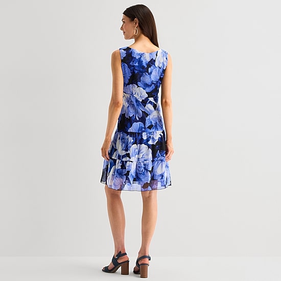 Connected Apparel Womens V Neck Sleeveless Floral Fit + Flare Dress