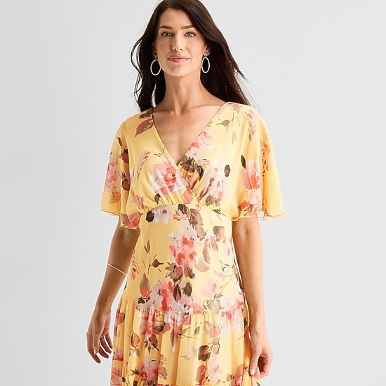 Connected Apparel Womens V Neck Short Sleeve Flutter Chiffon Floral Fit + Flare Dress