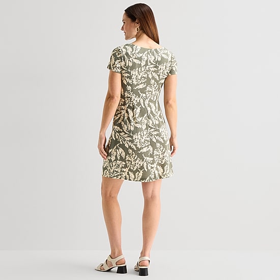 Connected Apparel Womens Round Neck Short Sleeve Fitted Floral Fit + Flare Dress