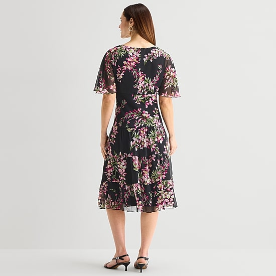 Connected Apparel Womens V Neck Short Sleeve Flutter Chiffon Floral Fit + Flare Dress
