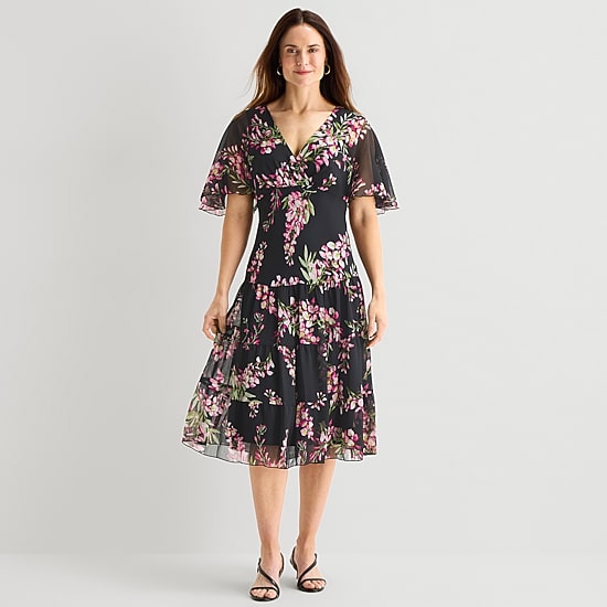 Connected Apparel Womens V Neck Short Sleeve Flutter Chiffon Floral Fit + Flare Dress