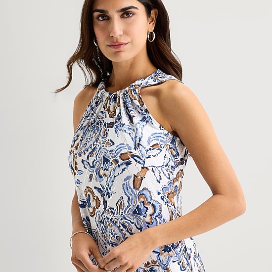 MSK Womens Halter Neck Sleeveless Paisley Shift Dress