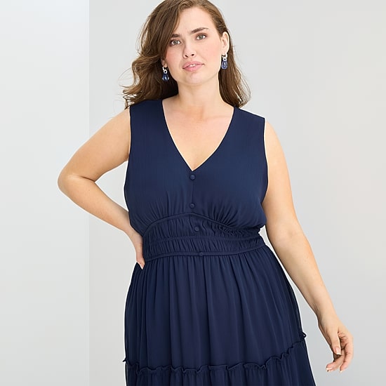 Danny & Nicole Womens Plus Midi V Neck Sleeveless Chiffon Fit + Flare Dress