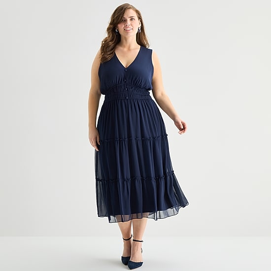 Danny & Nicole Womens Plus Midi V Neck Sleeveless Chiffon Fit + Flare Dress