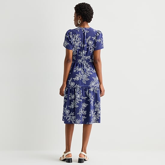 Robbie Bee Womens Petite Midi Split Crew Neck Short Sleeve Puffed Floral Fit + Flare Dress