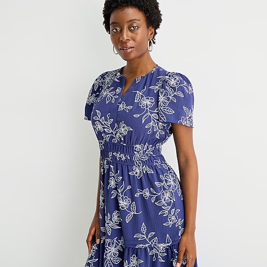 Robbie Bee Womens Petite Midi Split Crew Neck Short Sleeve Puffed Floral Fit + Flare Dress