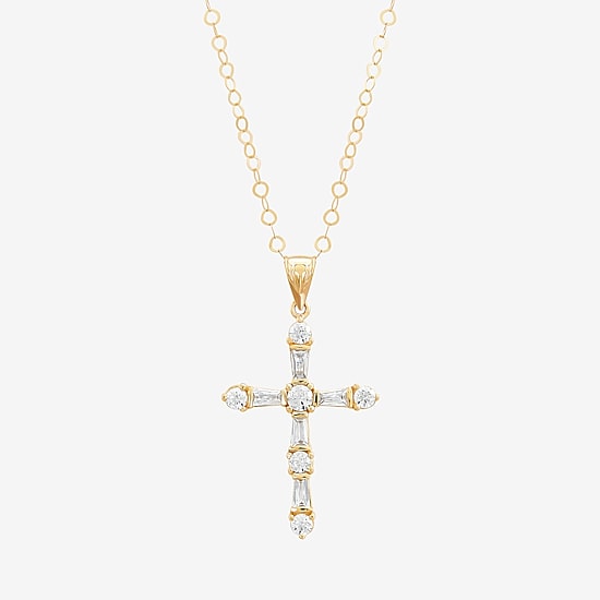 Womens White Cubic Zirconia 10K Gold Cross 18 Inch Pendant Necklace