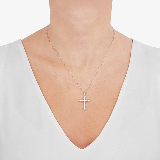 Womens White Cubic Zirconia 10K Gold Cross 18 Inch Pendant Necklace