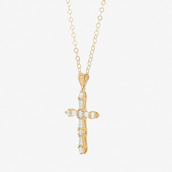 Womens White Cubic Zirconia 10K Gold Cross 18 Inch Pendant Necklace