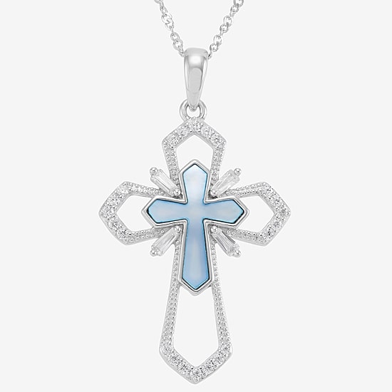 Cross Womens White Cubic Zirconia Sterling Silver Cross 18 Inch Pendant Necklace