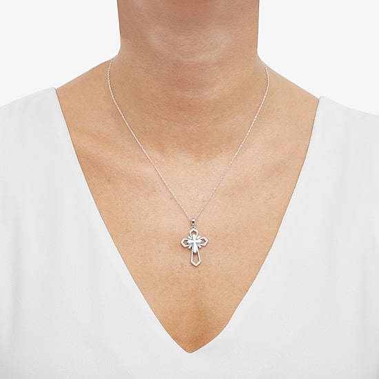 Cross Womens White Cubic Zirconia Sterling Silver Cross 18 Inch Pendant Necklace