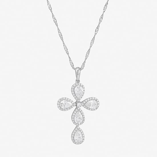 Cross Womens White Cubic Zirconia Sterling Silver Cross 18 Inch Pendant Necklace