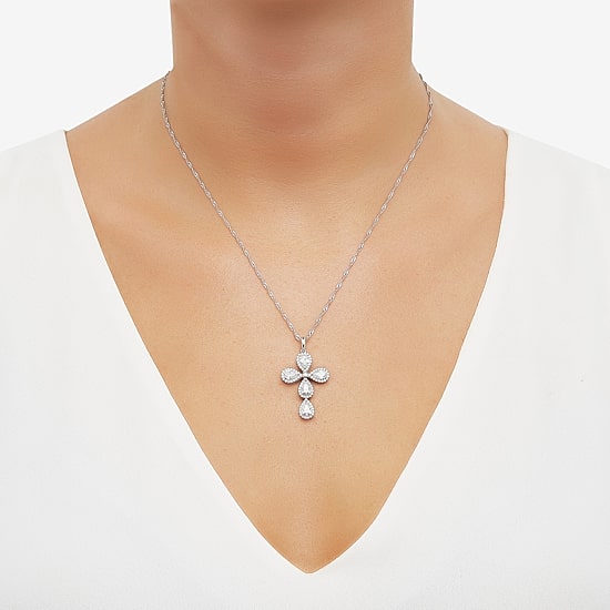 Cross Womens White Cubic Zirconia Sterling Silver Cross 18 Inch Pendant Necklace