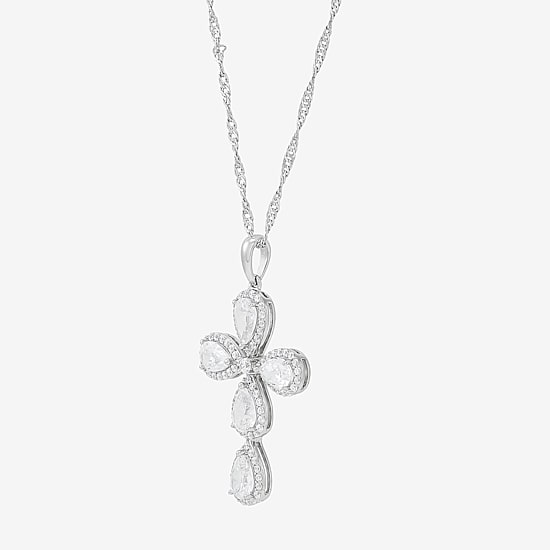 Cross Womens White Cubic Zirconia Sterling Silver Cross 18 Inch Pendant Necklace
