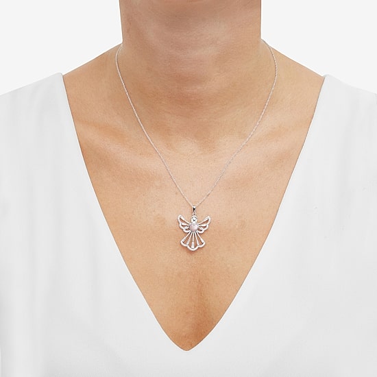 Womens White Cubic Zirconia Sterling Silver Angel 18 Inch Pendant Necklace