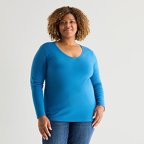 St. John's Bay Womens Plus V Neck Long Sleeve T-shirt In Blue