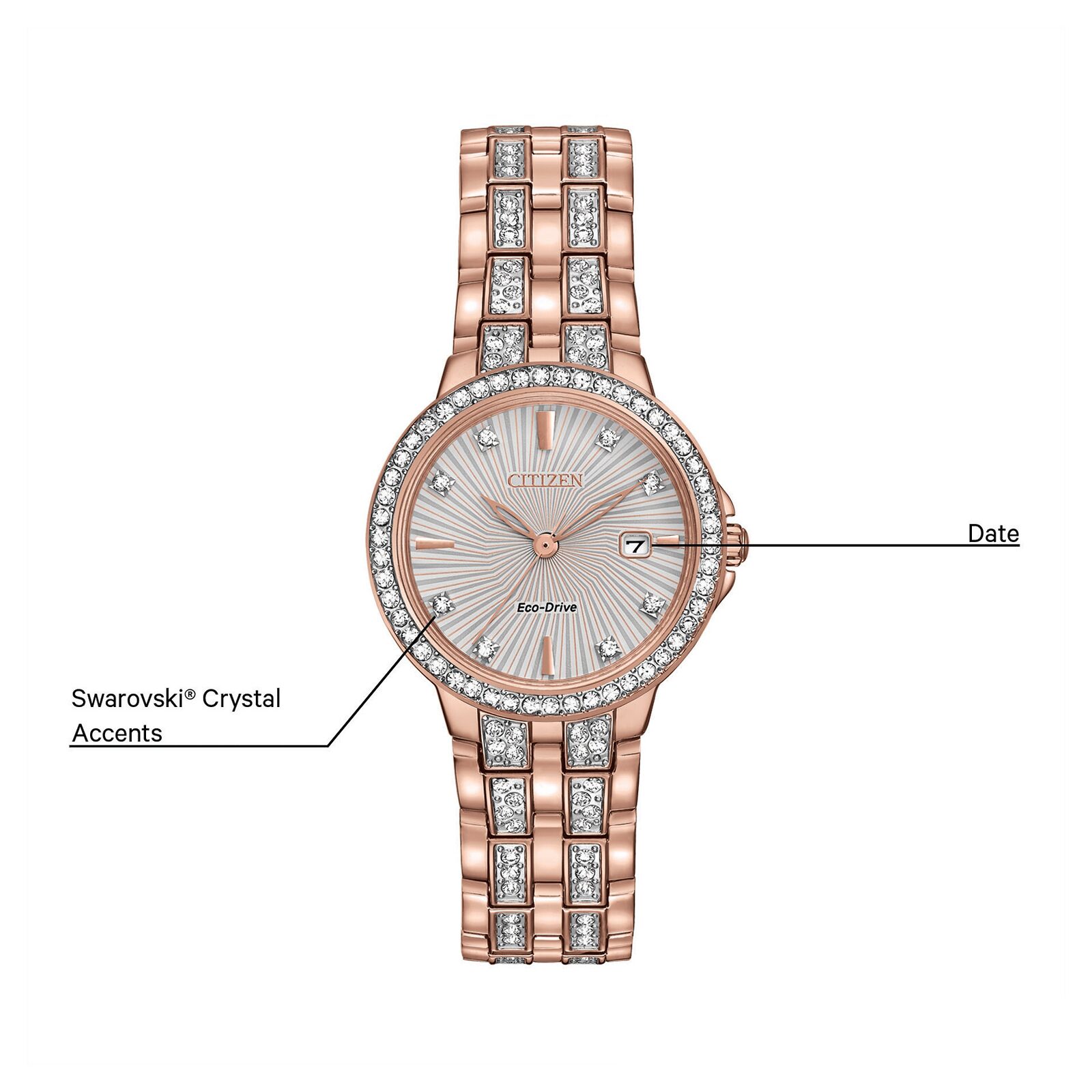 Citizen Silhouette Crystal Womens Crystal Accent Rose Goldtone Stainless Steel Bracelet Watch Ew2348-56a