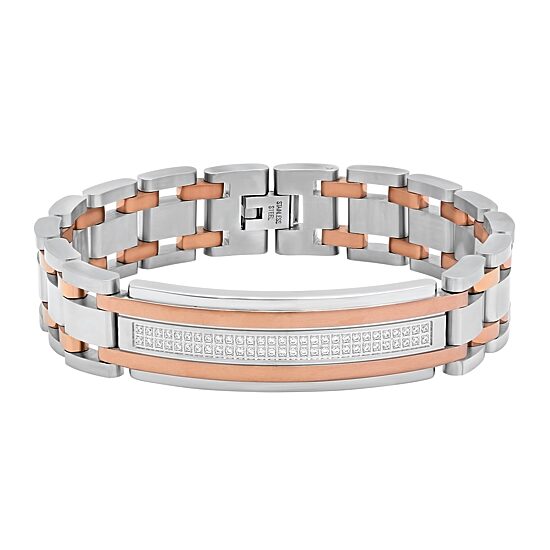 Mens Cubic Zirconia Two Tone Stainless Steel ID Bracelet