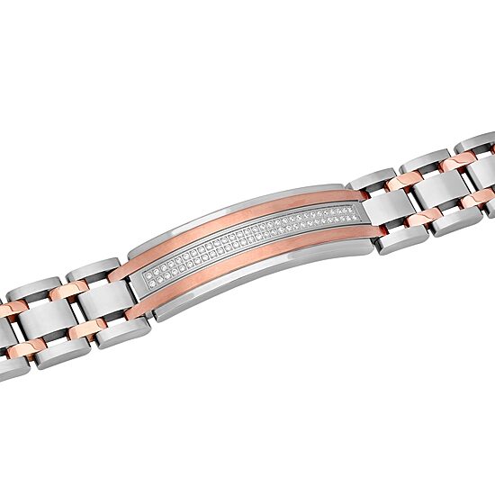 Mens Cubic Zirconia Two Tone Stainless Steel ID Bracelet