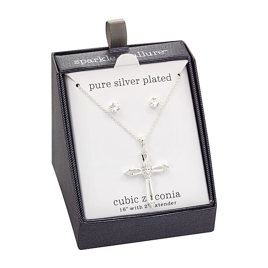 Sparkle Allure Womens White Cubic Zirconia Pure Silver Over Brass Cross 2-pc. Jewelry Set