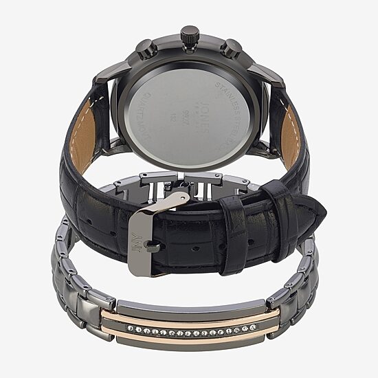 Jones N.Y. Mens Chronograph Black Leather Strap Watch 9927b-42-C02