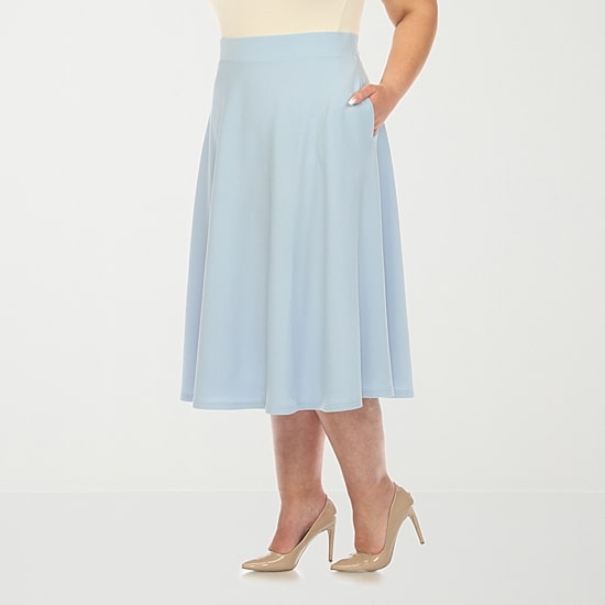 White Mark Womens Plus Stretch Fabric Midi Flared Skirt