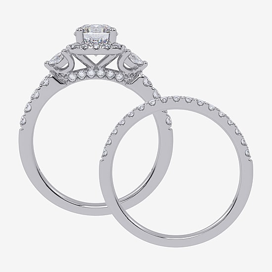 Signature By Modern Bride (G-H,Vs2-Si1) Womens 1 1/2 CT. T.W. Lab Grown White Diamond 14K Gold Round Side Stone Halo Engagement Ring