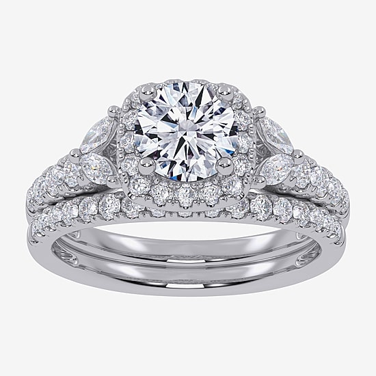 Signature By Modern Bride (G-H,Vs2-Si1) Womens 1 1/2 CT. T.W. Lab Grown White Diamond 14K Gold Round Side Stone Halo Engagement Ring