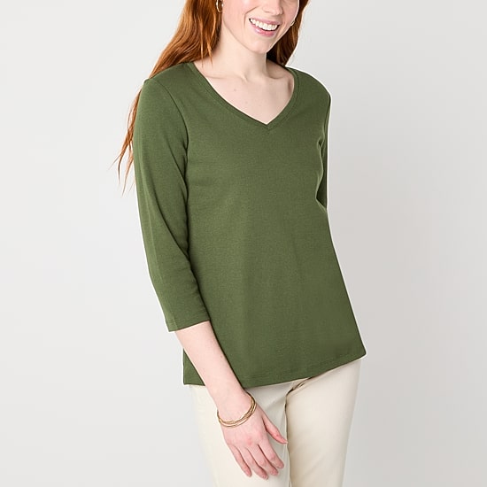 St. John's Bay Womens Tall V Neck 3/4 Sleeve T-Shirt